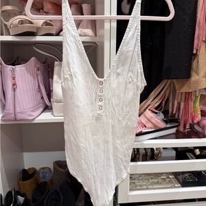 Free People White Textured V-Neck Bodysuit